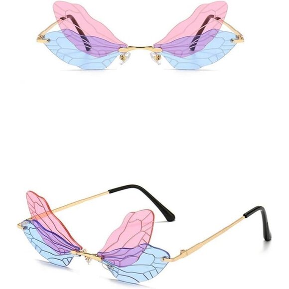 ?Women Blue Dragonfly Wing Shape Frameless Irregular Shades Party Sun Glasses main image 5